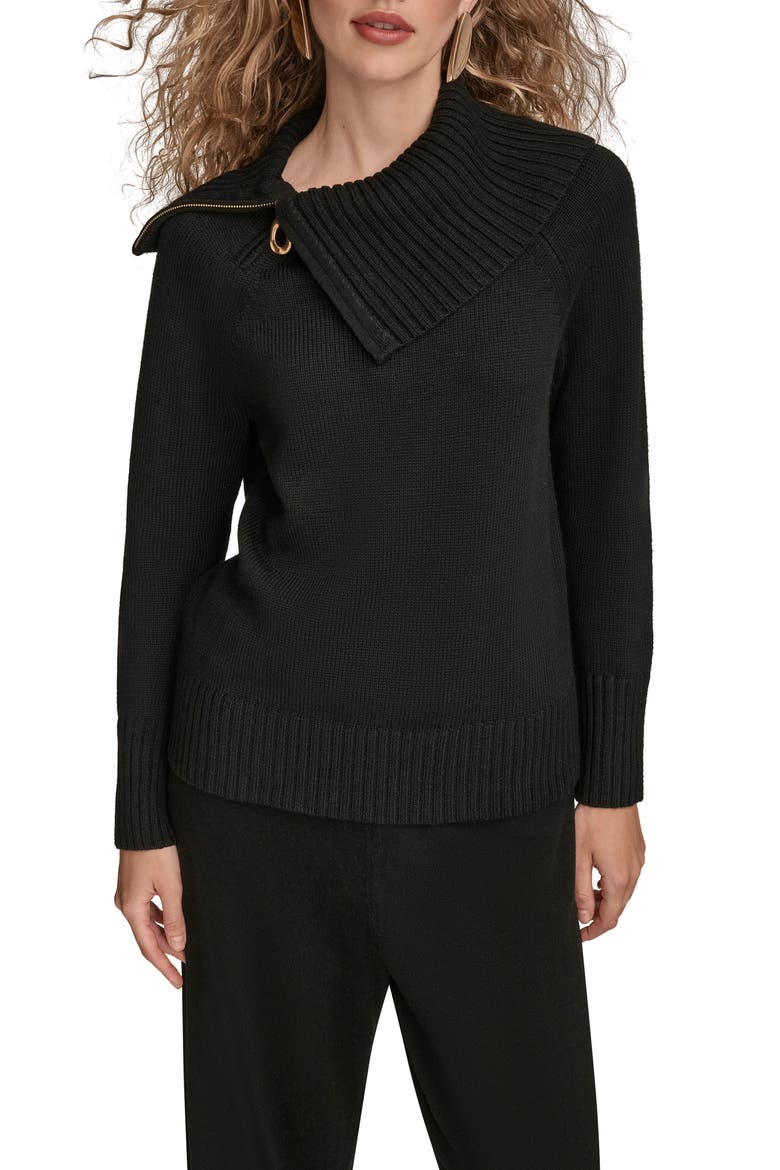 Asymmetric Zip Collar Sweater, Main, color, BLACK