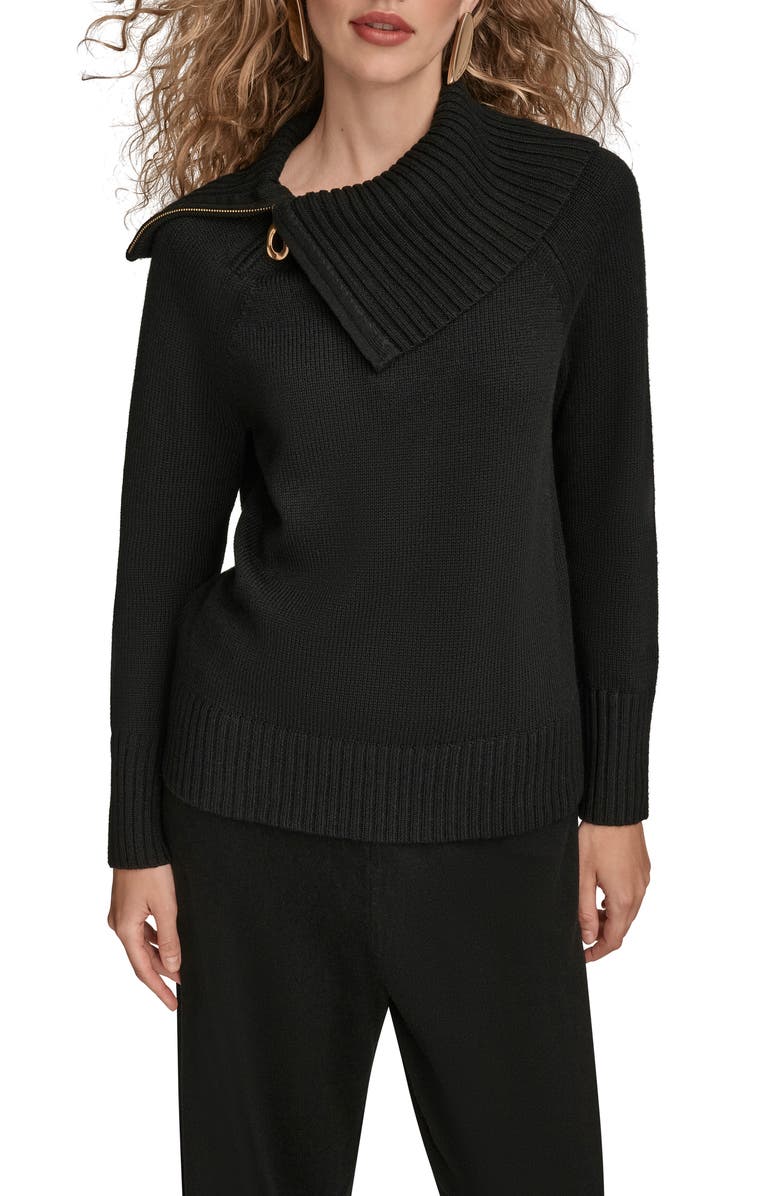 Donna Karan New York Asymmetric Zip Collar Sweater, Main, color, Black