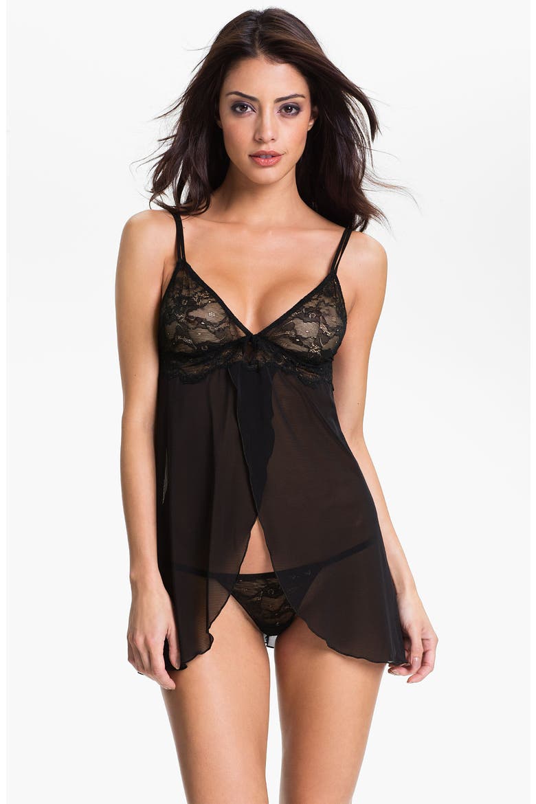 Intimates 'Whimsey’ Mesh Flyaway Babydoll & G-String Set, Main, color, BLACK