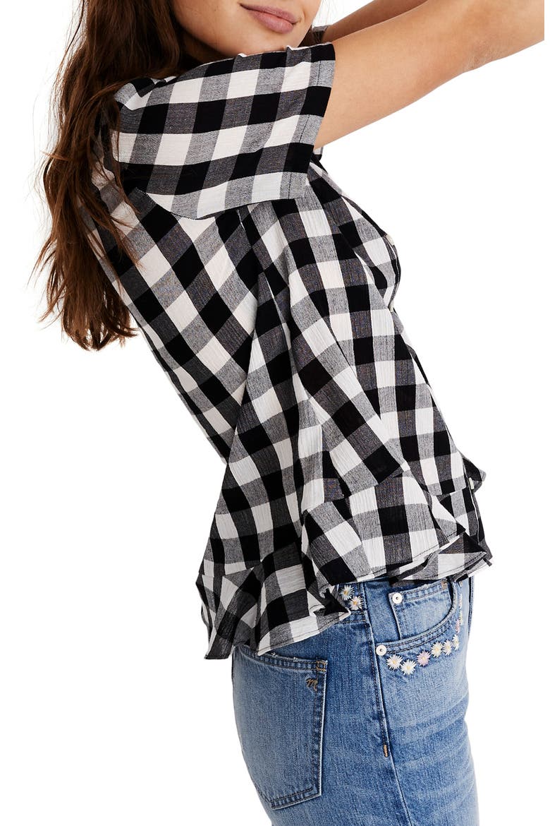Gingham Peplum Button Down Shirt, Alternate, color, TRUE BLACK TWO SIZE GINGHAM