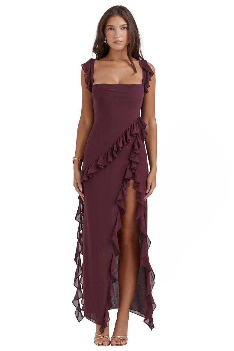 Ariela Ruffle Side Slit Gown, Alternate, color, MULBERRY