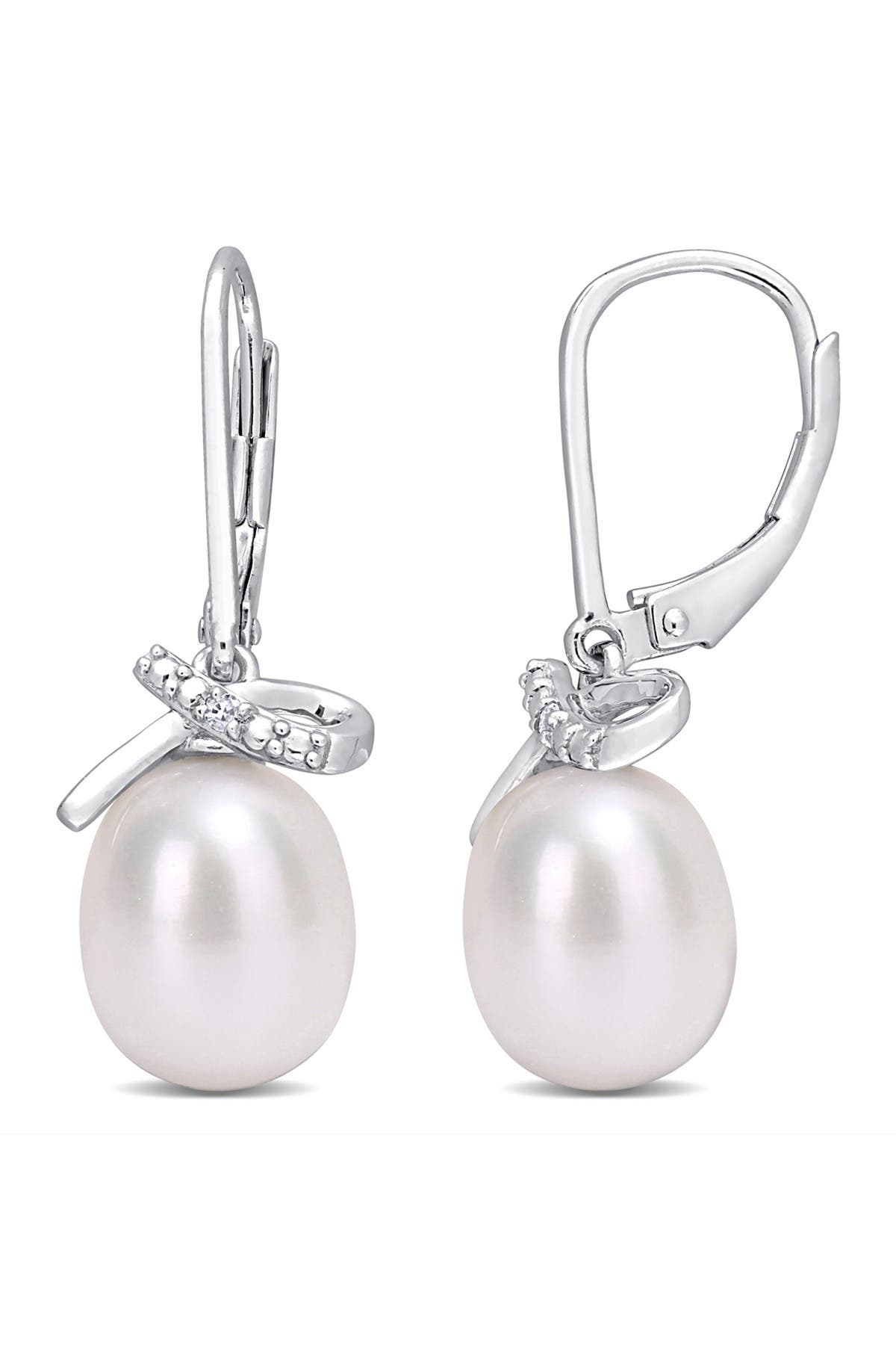 DELMAR Sterling Silver 7.5–8mm Cultured Freshwater Pearl & Diamond Lever Back Earrings - 0.02ct.