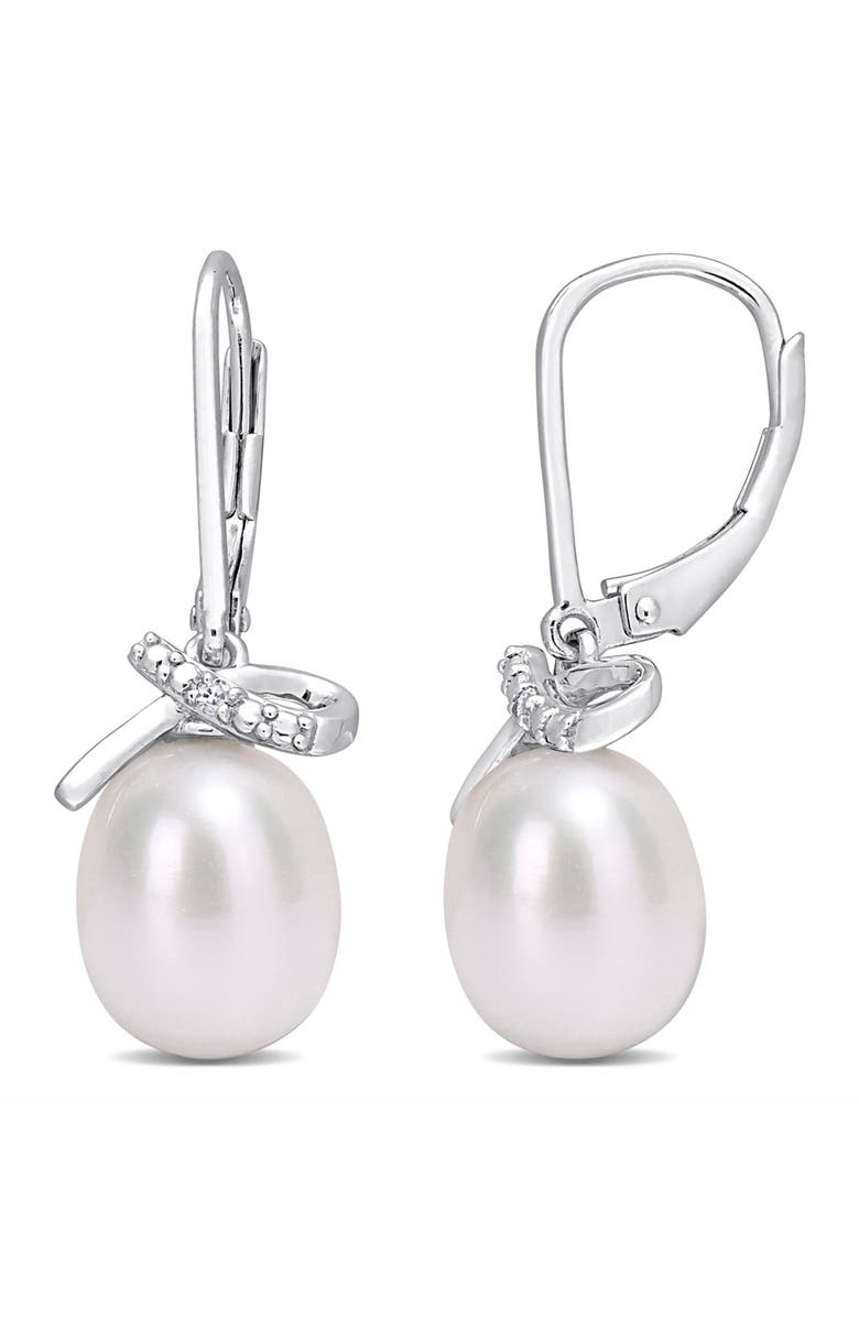 DELMAR Sterling Silver 7.5–8mm Cultured Freshwater Pearl & Diamond Lever Back Earrings - 0.02ct., Main, color, White