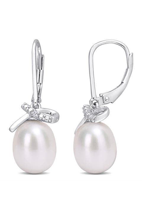 Sterling Silver 7.5–8mm Cultured Freshwater Pearl & Diamond Lever Back Earrings - 0.02ct.