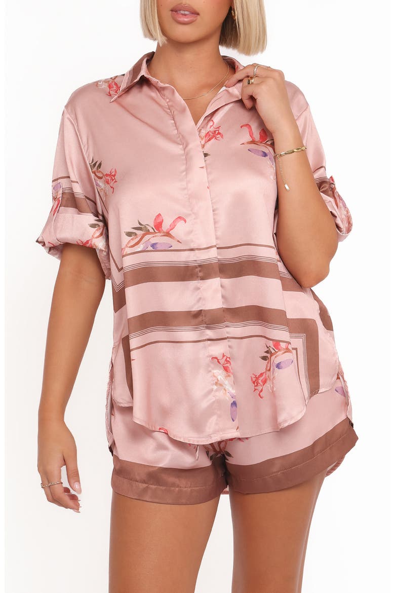 Lara Floral Print & Stripe Satin Button-Up Shirt, Main, color, PINK COCOA
