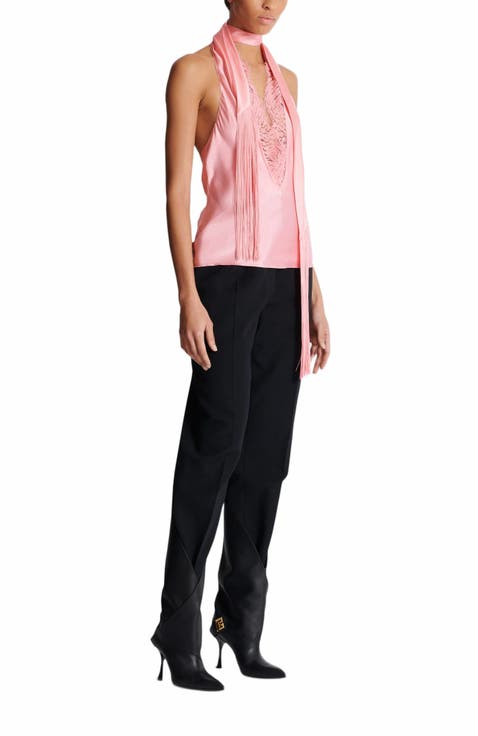 Backless Crepe Satin Top With Fringe