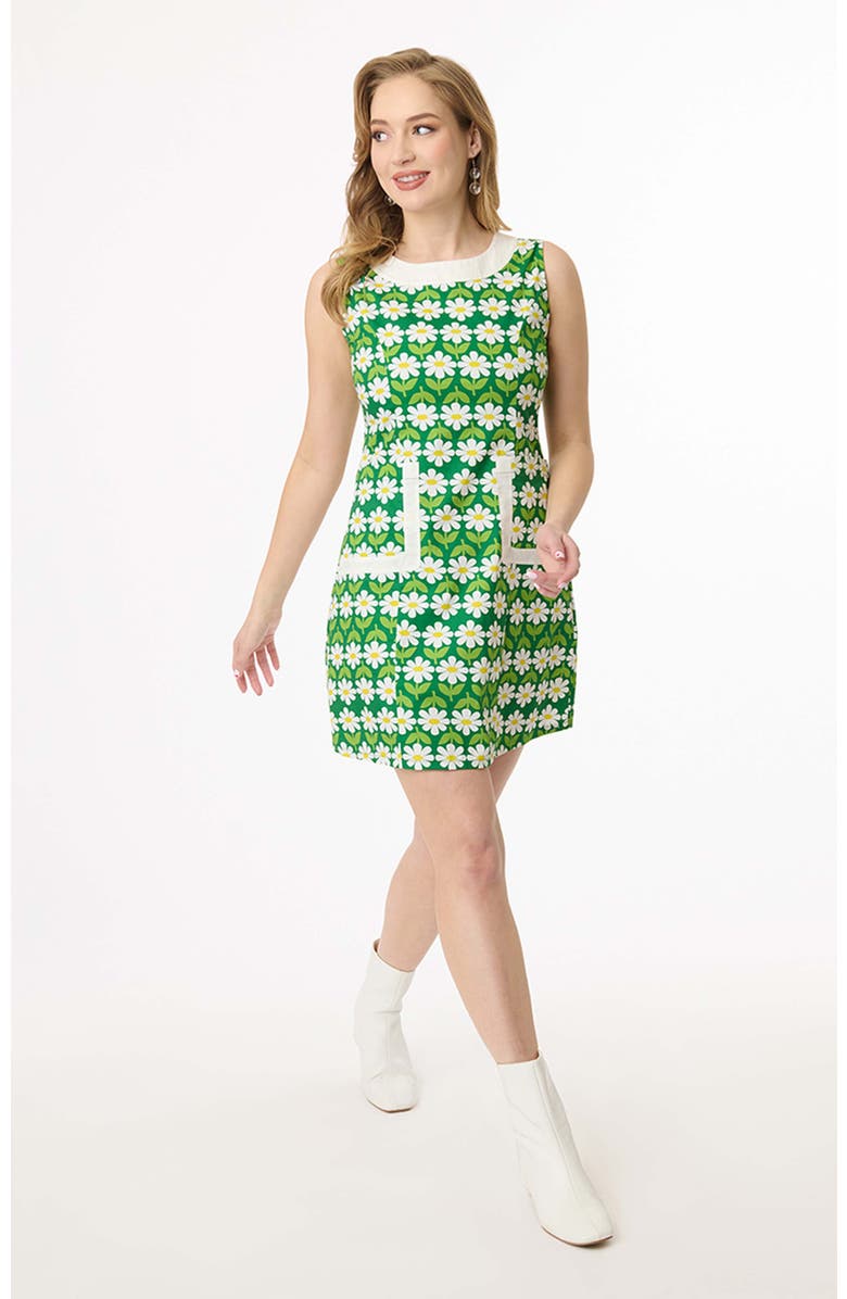 Smak Parlour 1960s Sleeveless Mod Shift Dress, Main, color, Green Daisies