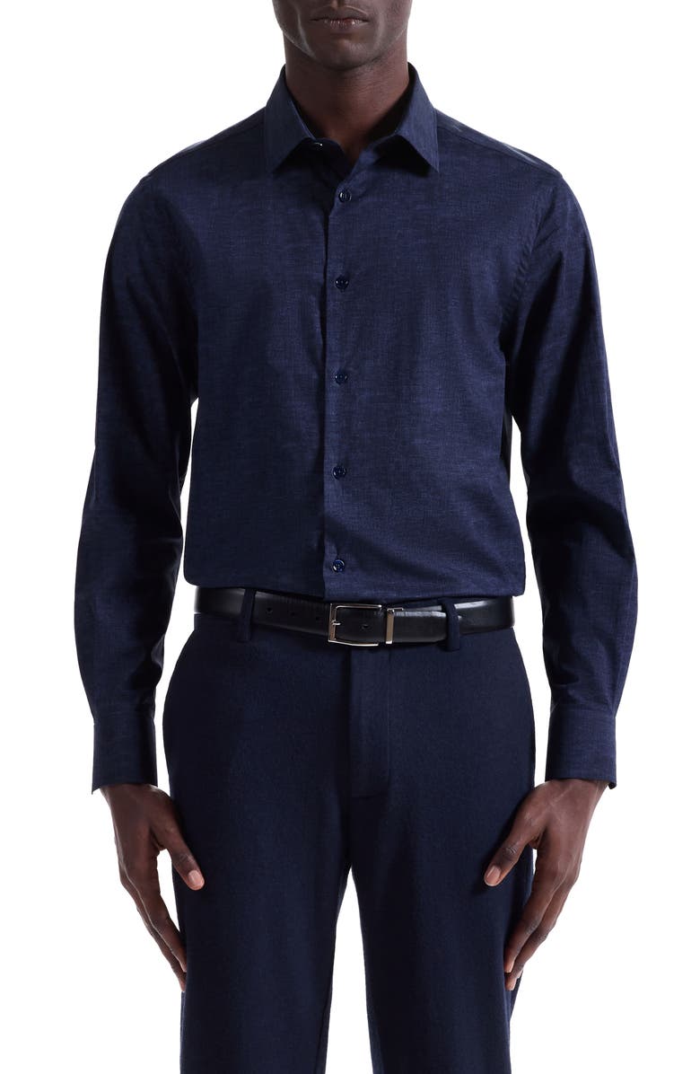 Bugatchi Julian Shaped Fit Textured Stretch Cotton Button-Up Shirt, Main, color, Navy