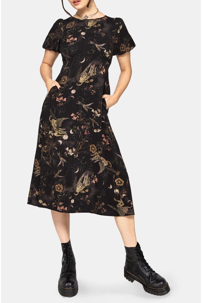 Harpyiai Print Puff Sleeve Midi Dress, Alternate, color, Black