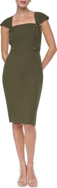 HALSTON Cap Sleeve Square Neck Midi Sheath Dress