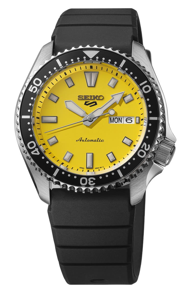 SEIKO WATCHES 5 Sports Automatic Silicone Strap Watch, 42mm, Main, color, Yellow