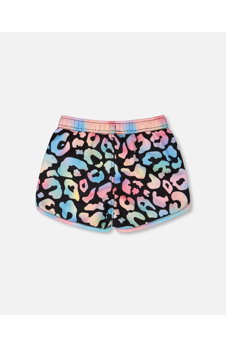 Deux par Deux Elastic Waist Drawstring Leopard Swim Shorts, Alternate, color, Black Leopard Print