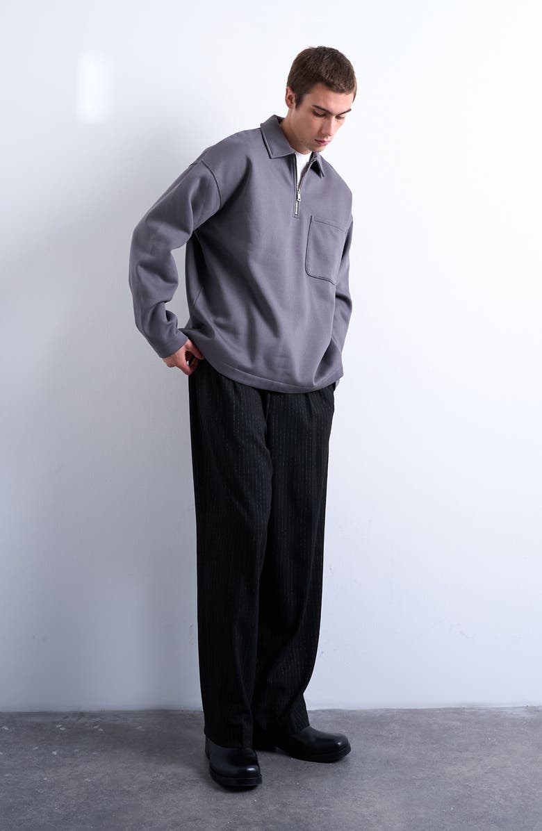 Topman Oversize Long Sleeve Quarter Zip Polo, Alternate, color, Grey