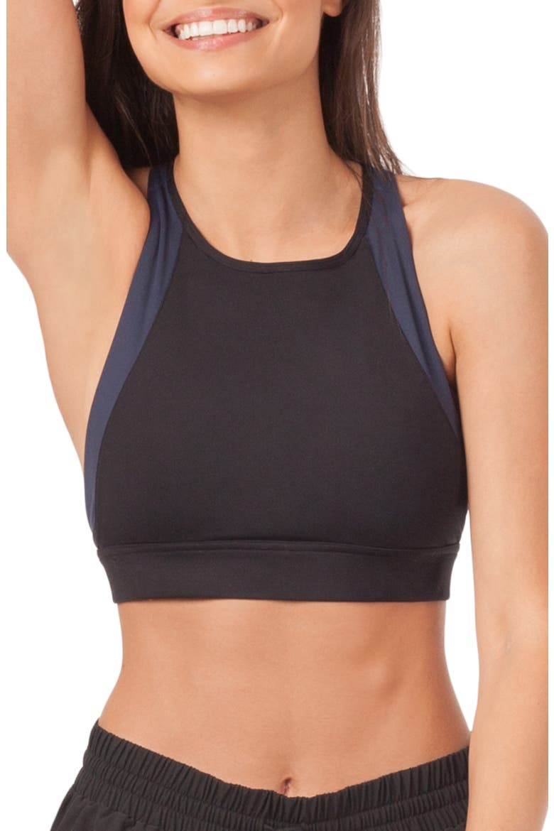The Active High Neck Cross Back Sports Bralette, Main, color, JET BLACK AND LIVELY NAVY