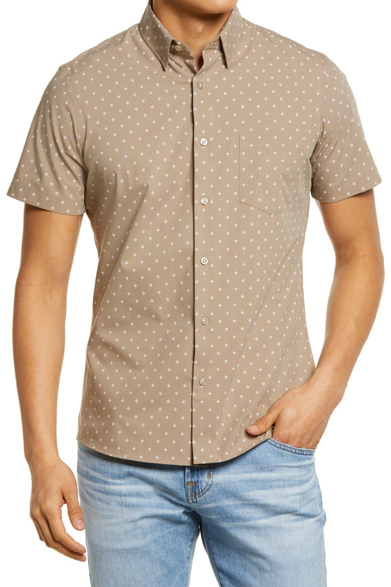 Tech-Smart Diamond Print Short Sleeve Button-Up Shirt, Main, color, TAN - WHITE FOULARD