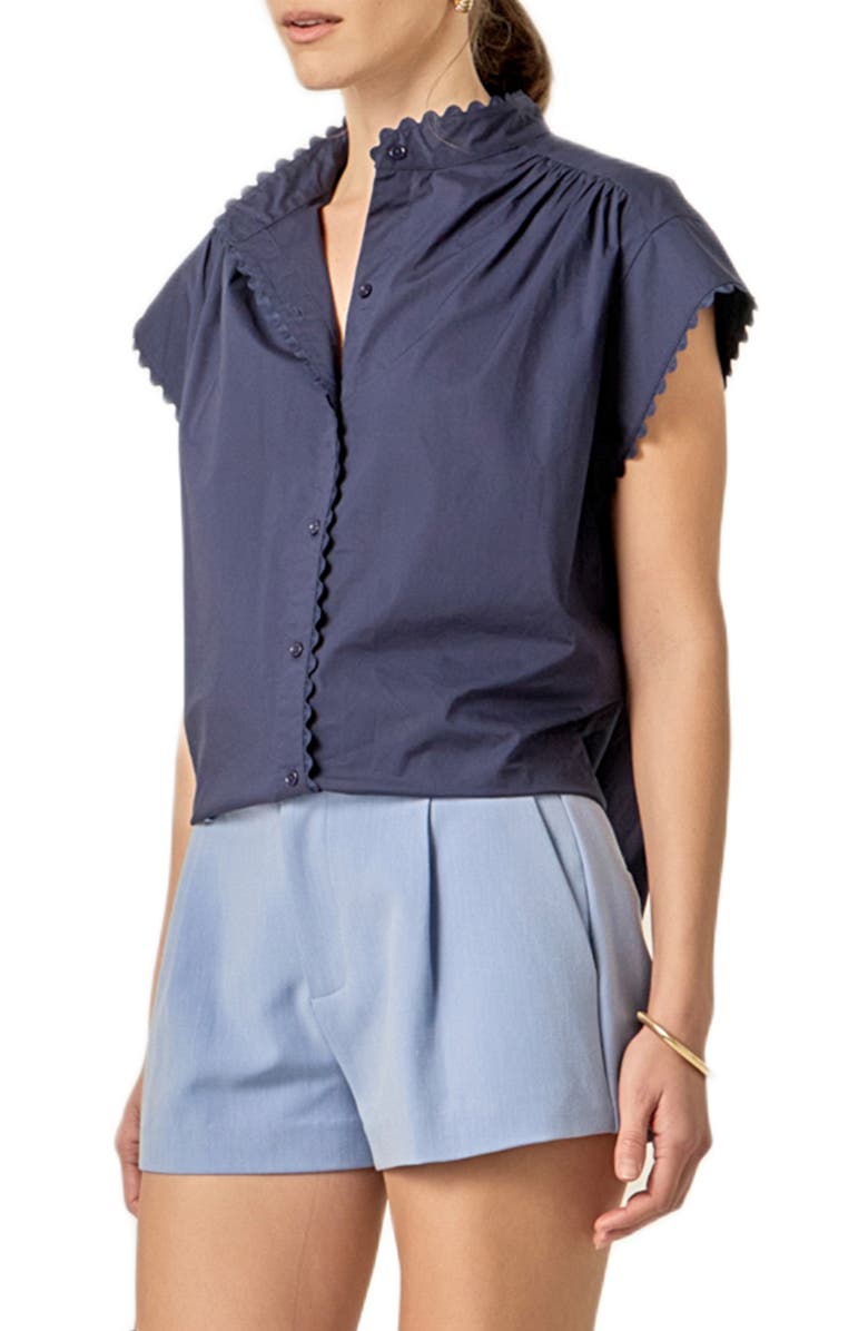 English Factory Rickrack Trim Button-Up Cotton Shirt, Alternate, color, Navy