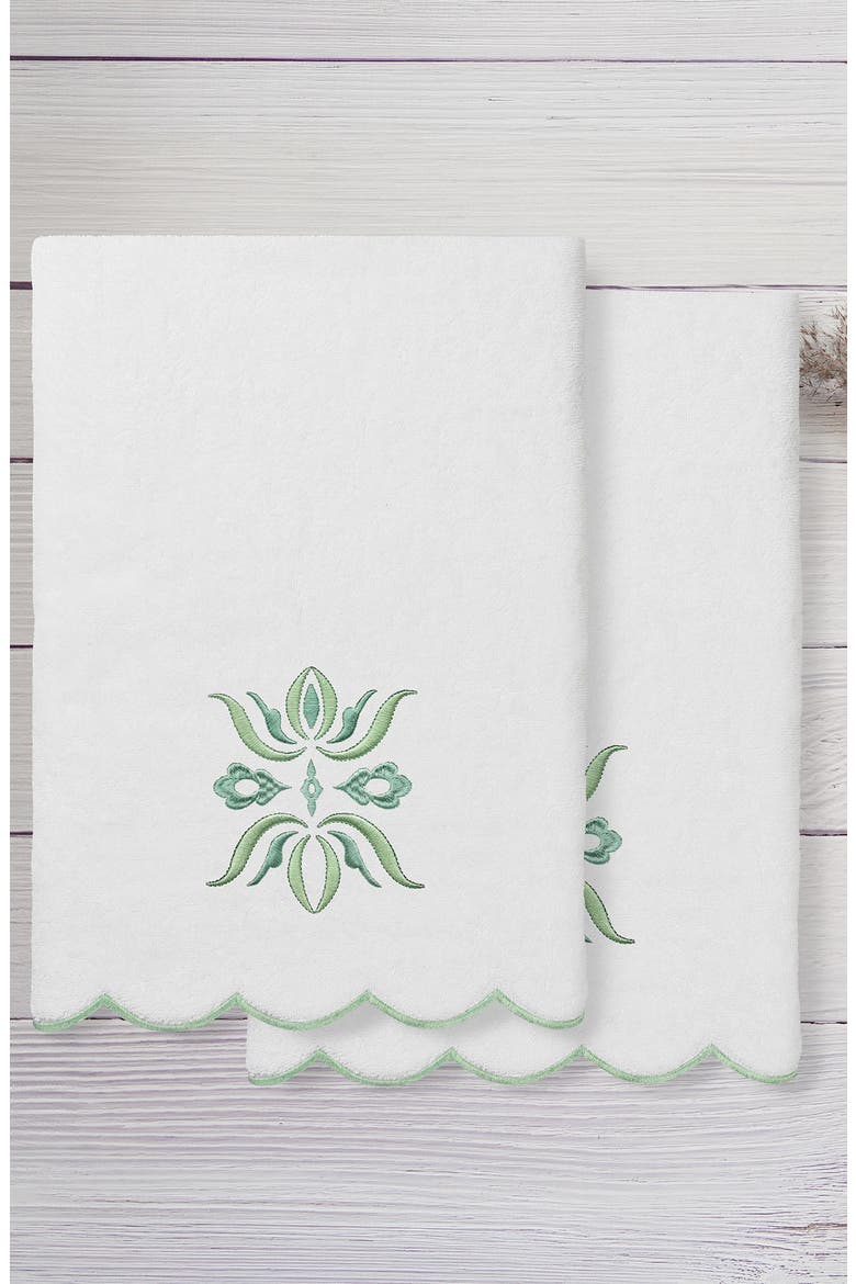 Flower Crest Scalloped Set of 2 Hand Towels, Alternate, color, WHITE/ GREEN