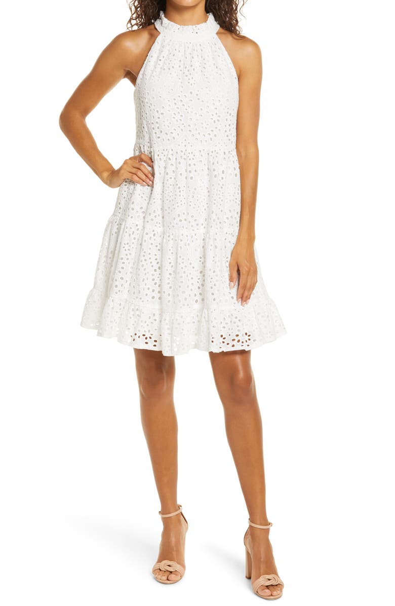 Eliza J Eyelet Tiered Halter Dress, Main, color, 