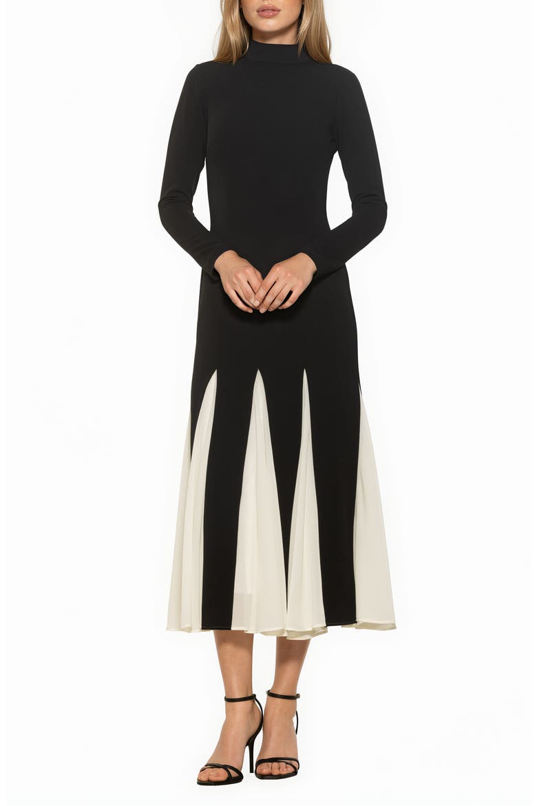 Veloura Mock Neck Long Sleeve Midi Dress, Main, color, BLACK/ WHITE