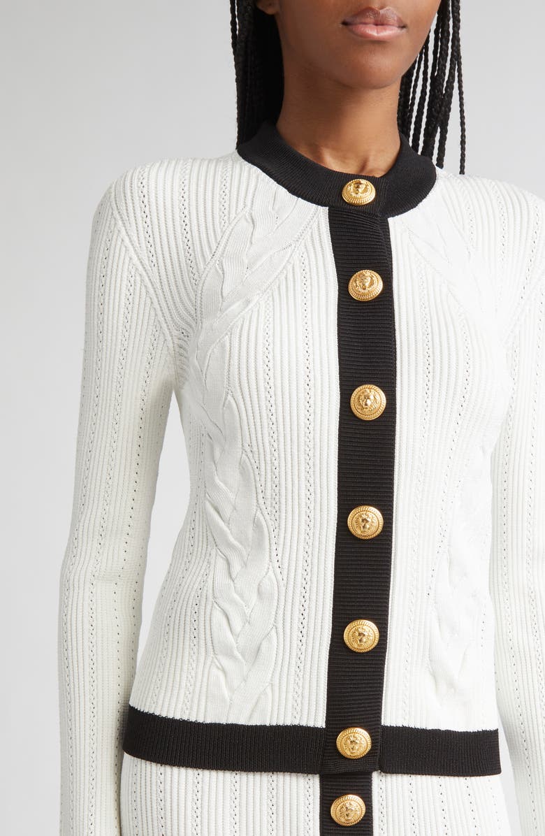 Balmain Twisted Cable Knit Cardigan, Alternate, color, Gab White/ Black