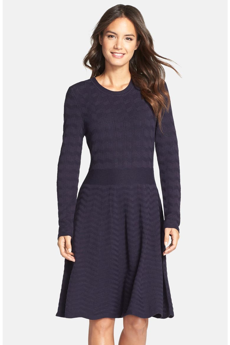 Chevron Fit & Flare Sweater Dress, Main, color, NAVY