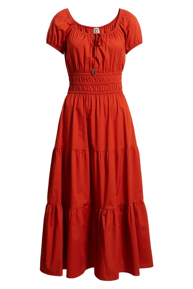 Smocked Tiered Midi Dress, Alternate, color, CHILI