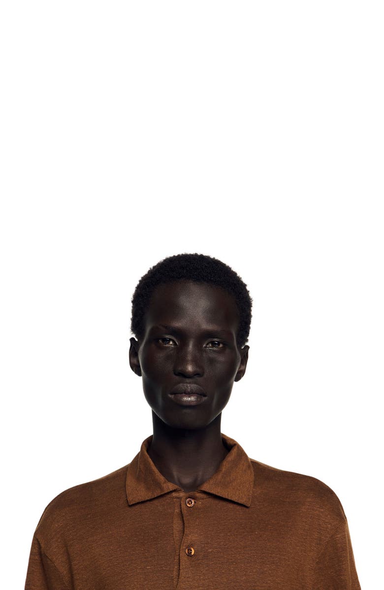 SANDRO Linen polo shirt, Alternate, color, Tobacco Brown