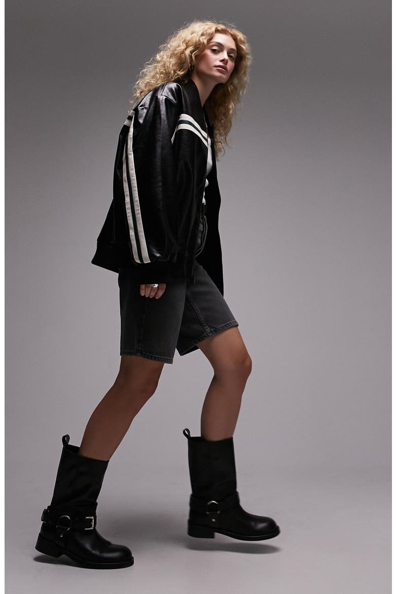 Stripe Faux Leather Bomber, Alternate, color, BLACK