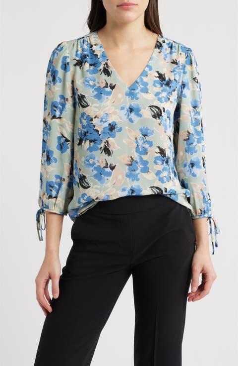 Floral V-Neck Tie Sleeve Top