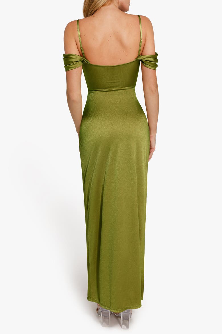 Liquid Metallic Fabric Off Shoulder Shine Ruched Sculpting Maxi Shapewear Dress, Alternate, color, Metallic Olive