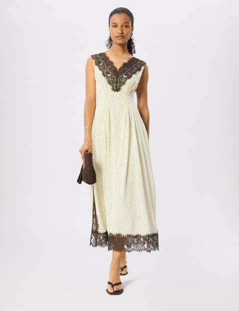 Lace V-Neck Spot Midi Dress
