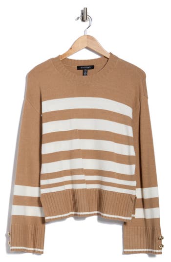 Ellen Tracy Stripe Crewneck Sweater In Brown