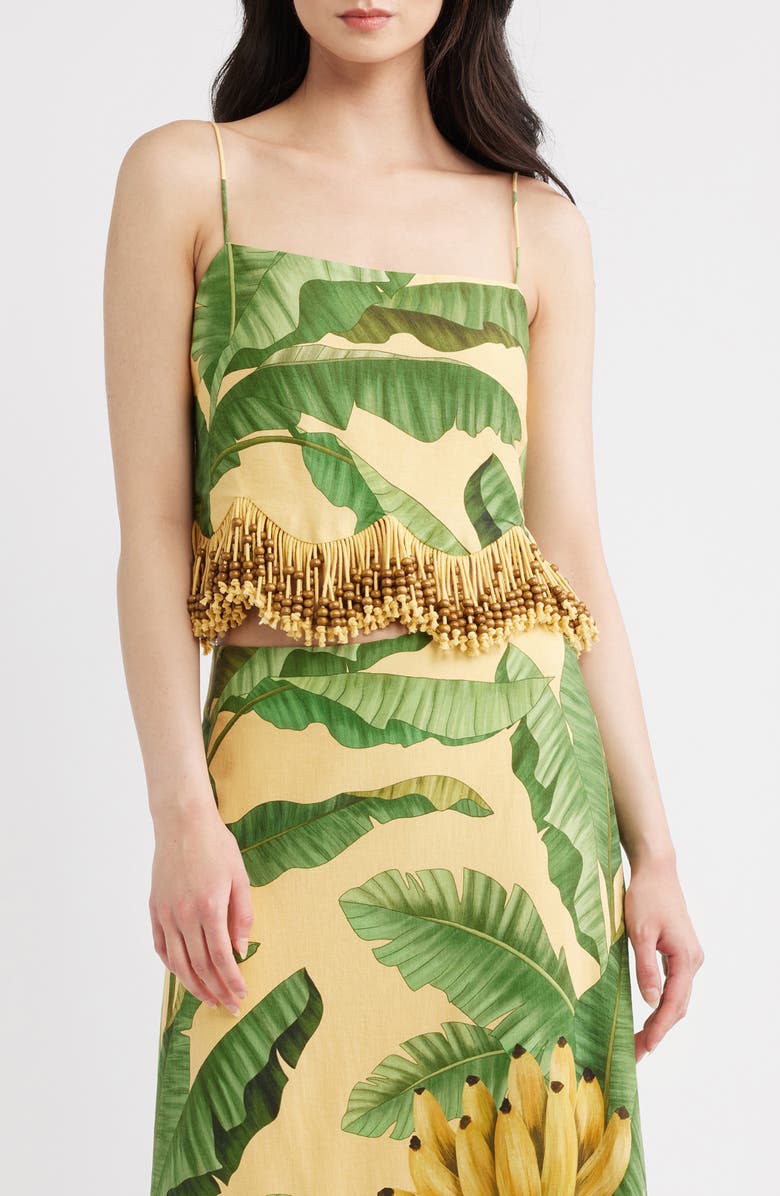 FARM Rio Botanical Fruit Print Beaded Fringe Top, Main, color, Fruit Leaves Banana
