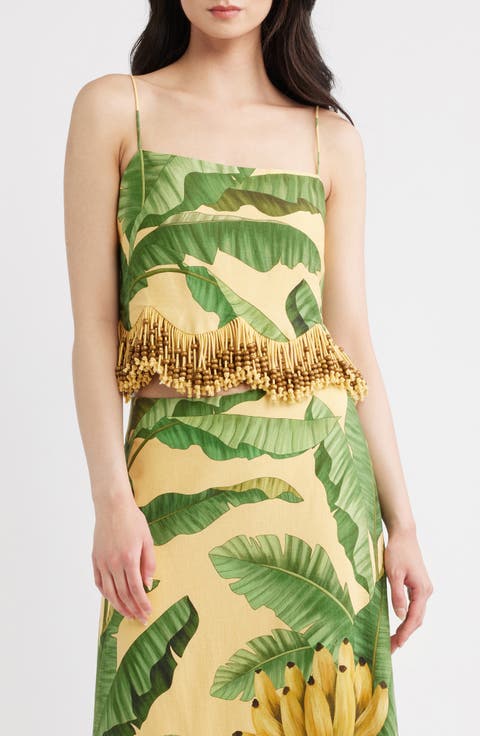 Botanical Fruit Print Beaded Fringe Midi Skirt