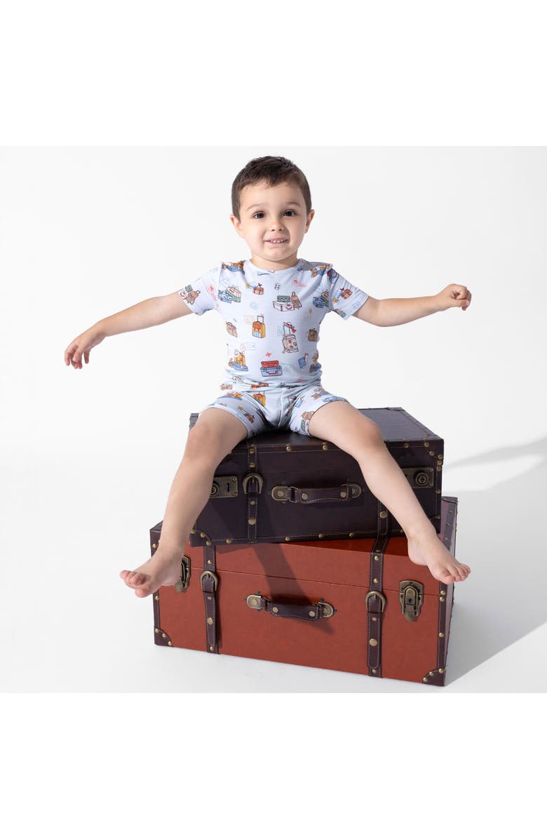Bellabu Bear Vintage Suitcases Kids 2-Piece Short Sleeve & Shorts Pajama Set, Alternate, color, Vintage Suitcases