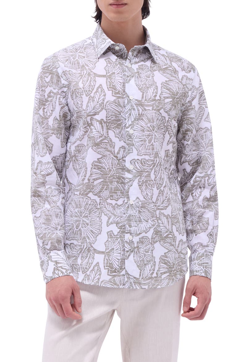 Julian Shaped Fit Linen Blend Button-Up Shirt, Main, color, OLIVE