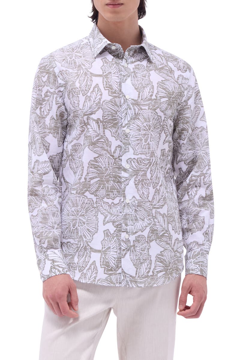 Bugatchi Julian Shaped Fit Linen Blend Button-Up Shirt, Main, color, Olive