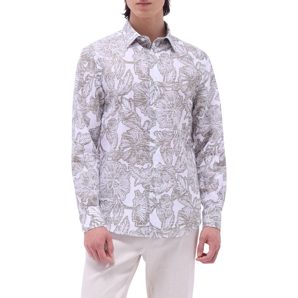 Bugatchi Julian Shaped Fit Linen Blend Button-up Shirt In Olive
