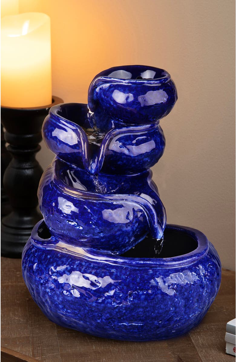 Glitzhome 4-Tiered Ceramic Cobalt Blue Table Fountain with Pump, Alternate, color, Blue