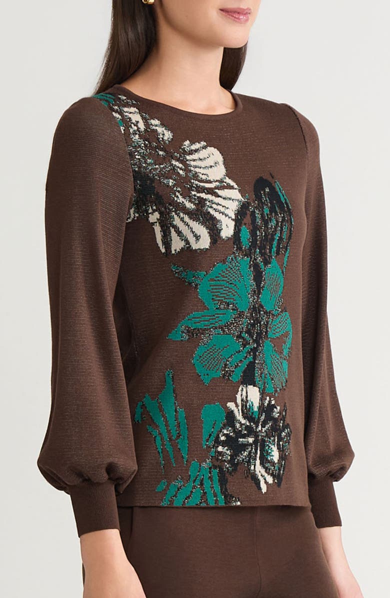 Ming Wang Floral Jacquard Sweater, Alternate, color, Dark Umber/ Everest/ Black