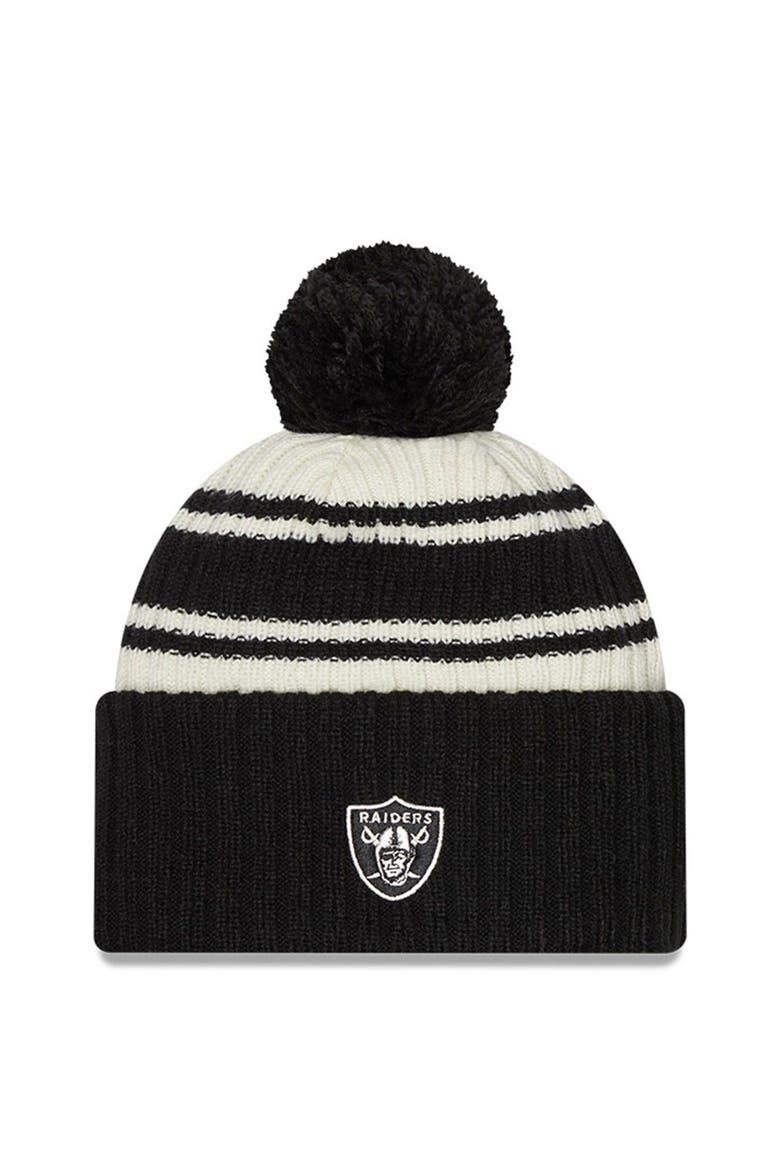 Men's New Era Cream/Black Las Vegas Raiders 2022 Sideline Sport Cuffed Pom Knit Hat, Alternate, color, Cream