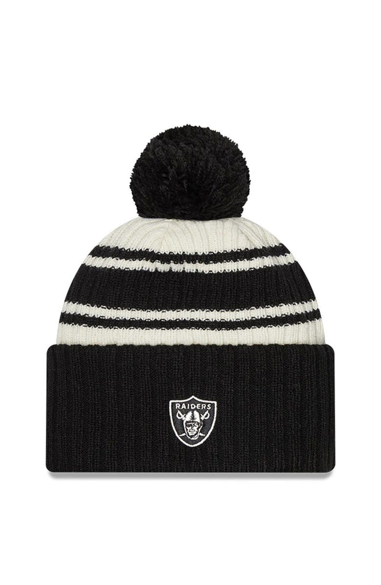 New Era Men's New Era Cream/Black Las Vegas Raiders 2022 Sideline Sport Cuffed Pom Knit Hat, Alternate, color, 