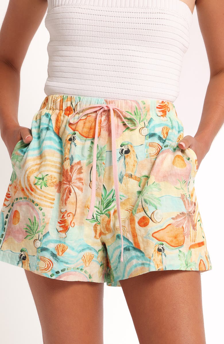 Petal & Pup Caspian Island Print Pull-On Shorts, Alternate, color, Golden Palm