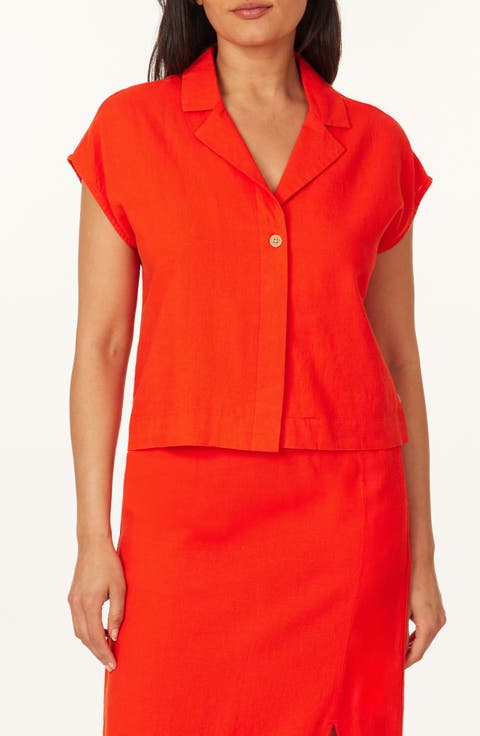 Short Sleeve Linen Blend Button-Up Top