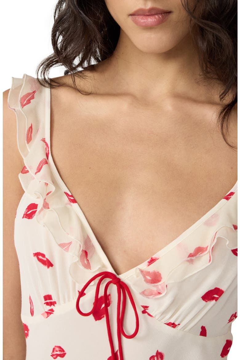 Christina Lip Print Ruffle Sleeve Midi Dress, Alternate, color, BISOUS BISOUS CLOUD IVORY