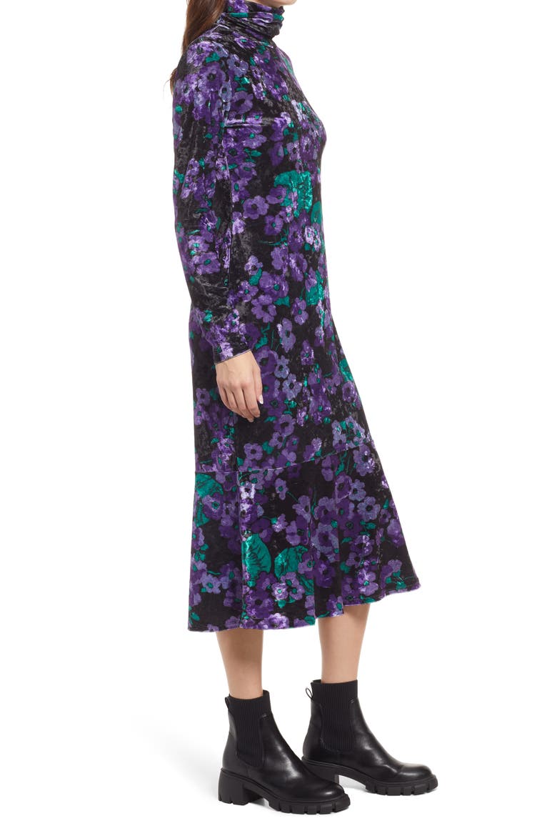 Floral Long Sleeve Crushed Velvet Turtleneck Midi Dress, Alternate, color, PURPLE FLOWER VELVET