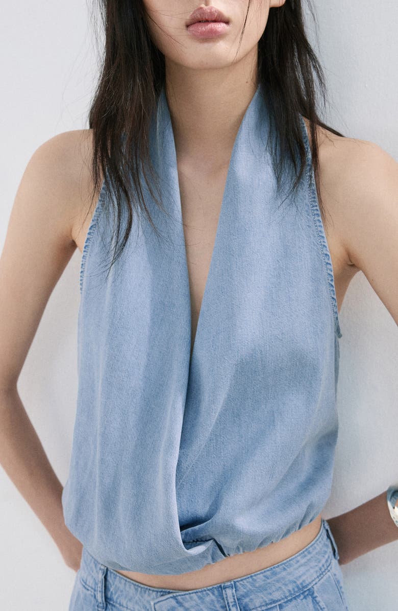 MANGO Drape Plunge Neck Top, Alternate, color, Light Blue