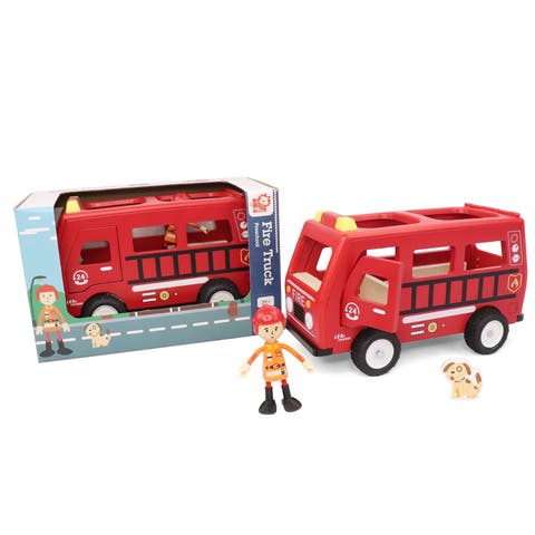 Fire Truck Play Set, 3-Piece Wooden Play Kit with Fire Truck, Firefighter, and Dog Included