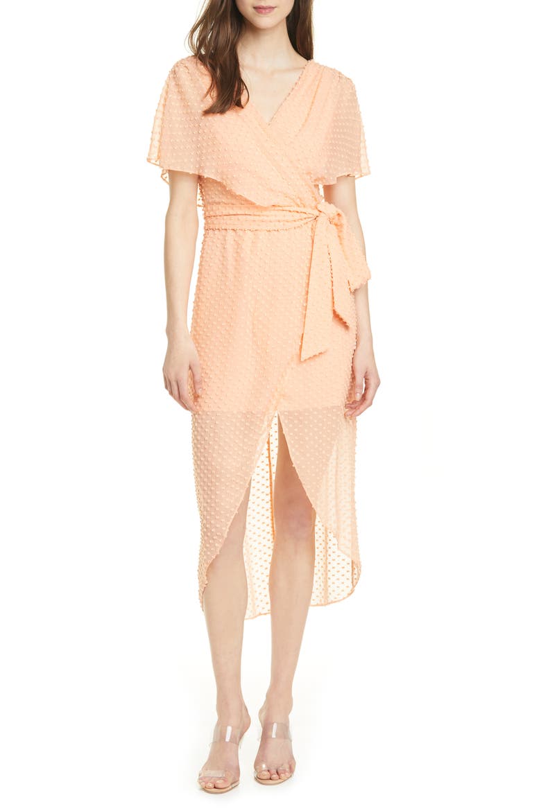 Clip Dot Faux Wrap Silk & Cotton Blend Dress, Main, color, LIGHT PEACH