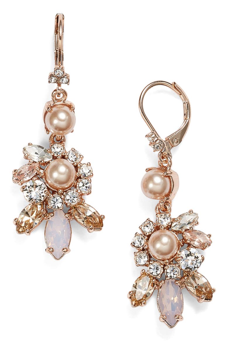 Faux Pearl & Crystal Cluster Drop Earrings, Main, color, BLUSH/ ROSE GOLD